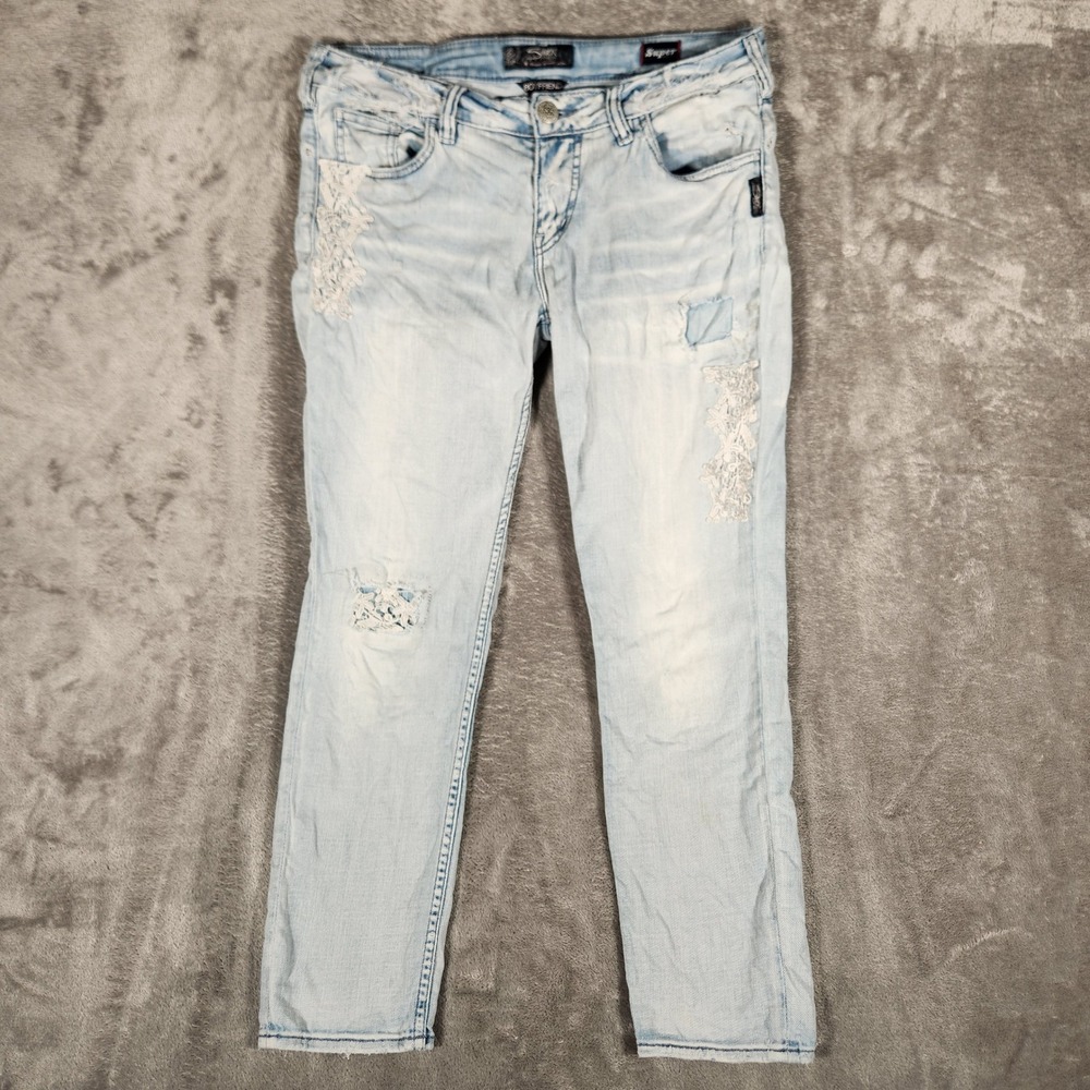 Silver Jeans Co Boyfriend Jeans Womens W29 L25 Blue Excellent Lace Distressed
